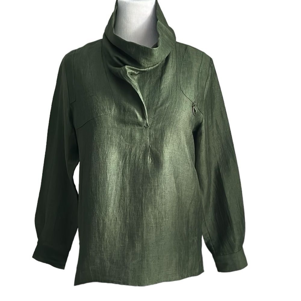Masscob La Coruna Women’s Linen Turtleneck Blouse Top Green Size L LagenLook